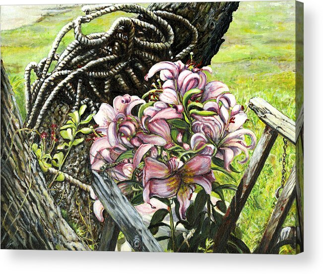 Flowers Set Up In A Ongoing Still Life By Salt Marsh On Cape Cod. The Rope Was Washed Up In Large Winter Ocean Storm. The Antique Garden Cart Was Unmoved For 9 Years. The Dragon Fly Was Added From A Photo Taken When I First Set This Up. Acrylic Print featuring the painting It a Jungle by Leo Malboeuf