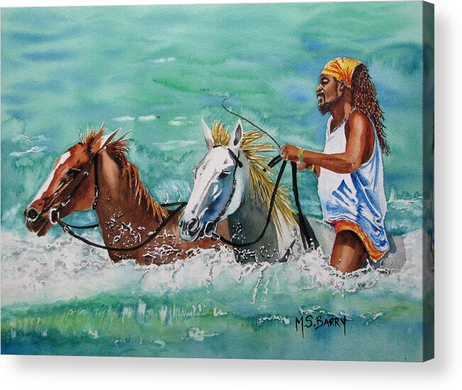 Horse Riding In The Sea Acrylic Print featuring the painting Jamaica Man by Maria Barry