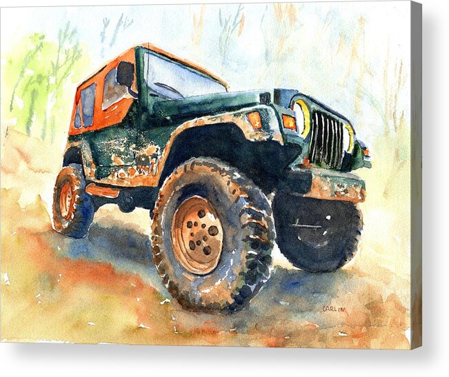 Jeep Acrylic Print featuring the painting Jeep Wrangler Watercolor by Carlin Blahnik CarlinArtWatercolor