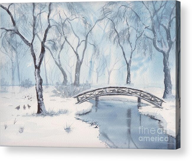 Lost Lagoon Acrylic Print featuring the painting Lagoon Under Snow by Watercolor Meditations