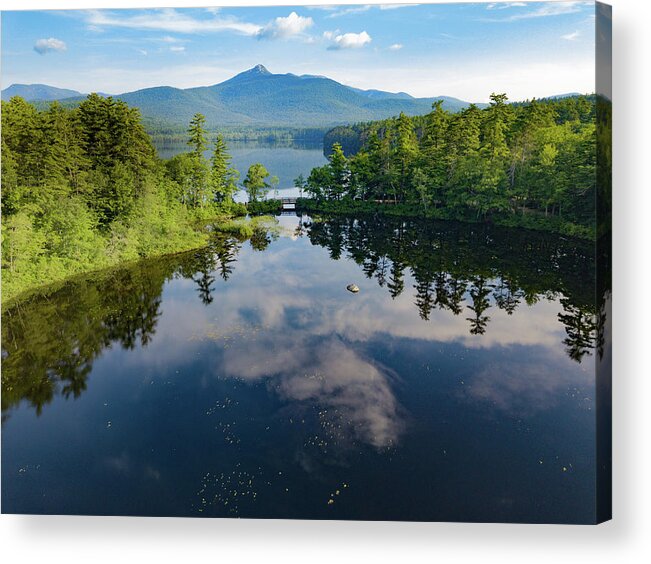 Drone Photography Acrylic Print featuring the photograph Lake Chocorua Bridge and Mountain by David Stevens