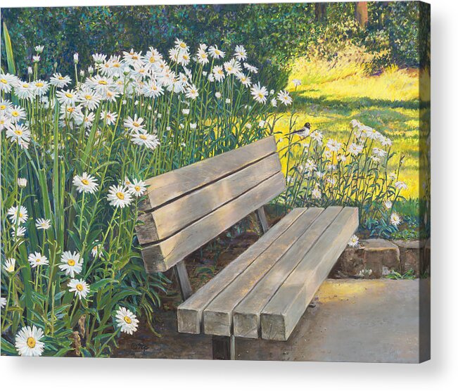 Birdseye Art Studio Acrylic Print featuring the painting Lake Padden Series - Memorial Bench of Judy Winter by Nick Payne