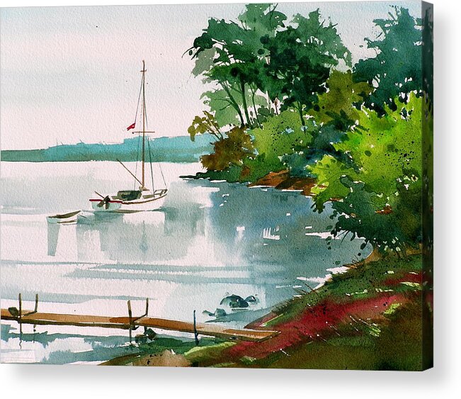 Anchored Sailboat Acrylic Print featuring the painting Lazy Cove by Art Scholz