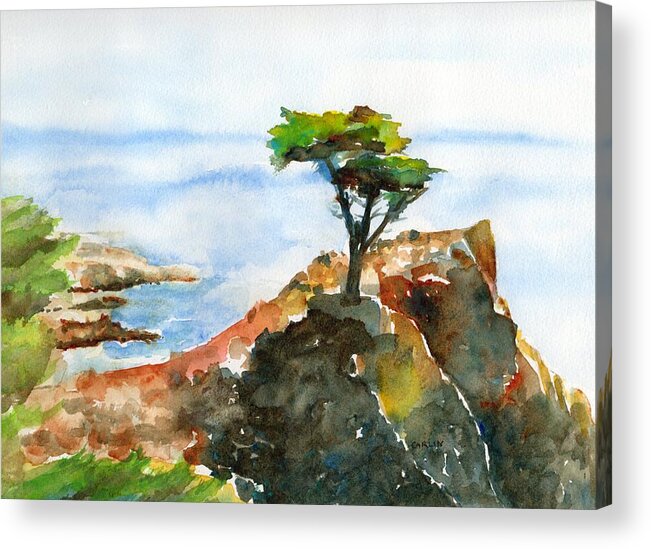 Lone Cypress Acrylic Print featuring the painting Lone Cypress Pebble Beach Fog by Carlin Blahnik CarlinArtWatercolor