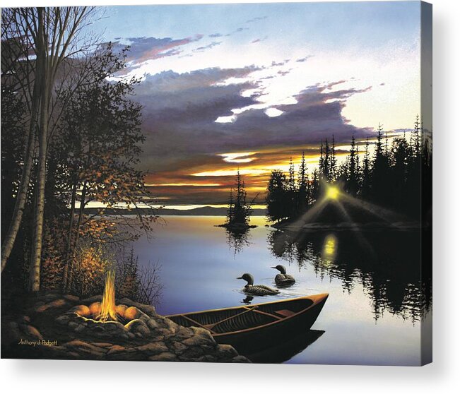 Loon Acrylic Print featuring the painting Loon Lake by Anthony J Padgett
