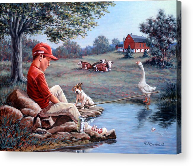 Boy Fishing Acrylic Print featuring the painting Lost In Thought by Richard De Wolfe