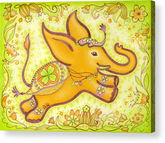Lucky Elephant Orange Acrylic Print featuring the painting Lucky Elephant Orange by Judith Grzimek