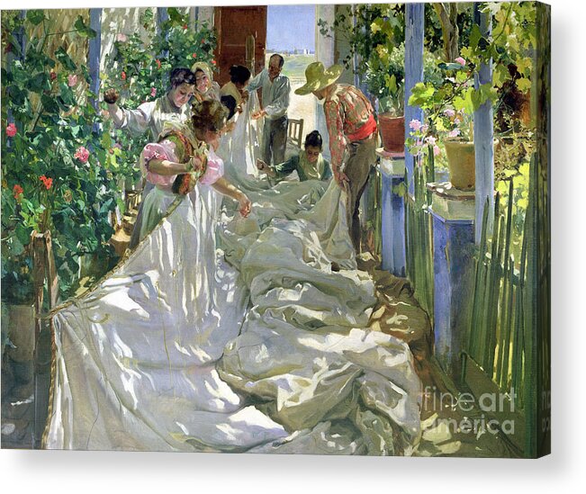 Sewing;straw Hat;geranium;sunshine;worker;workers;greenhouse;conservatory;interior; Pagoda Acrylic Print featuring the painting Mending the Sail by Joaquin Sorolla y Bastida
