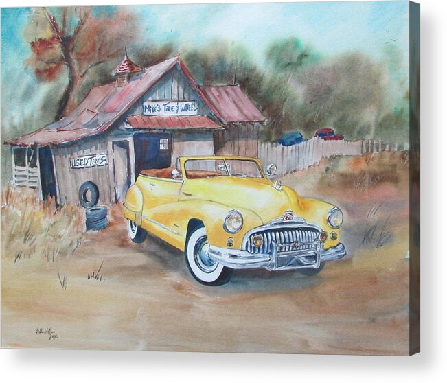 Old Car Acrylic Print featuring the painting Mikes Tires by Bobby Walters