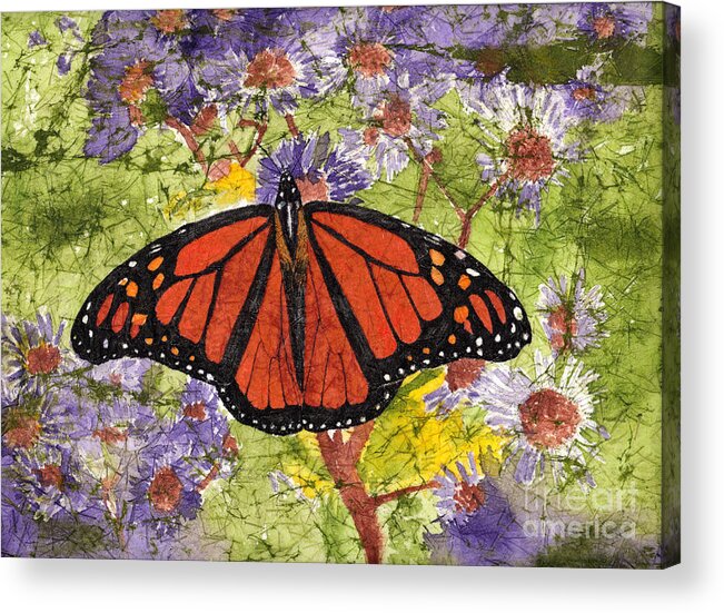Monarch Butterfly Acrylic Print featuring the painting Monarch Butterfly on Purple Flowers Watercolor Batik by Conni Schaftenaar
