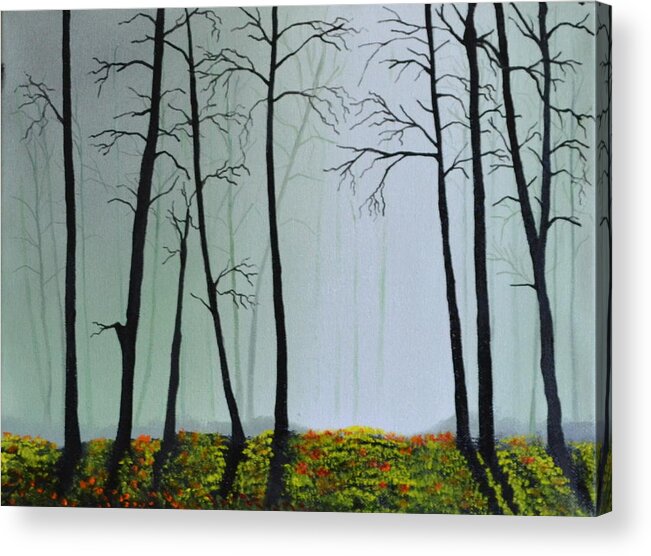This Is A Landscape Painting Of A Foggy Wooded Area. The Light Is Coming Through A Foggy Area Of The Background. I Used A Light Colored Back Ground To Give The Painting Depth And Contrast. The Trees Don't Have Leaves And Are Casting A Shadow On The Forest Floor. The Ground Is Covered With Fresh Flowers And Green Grass. This Is An Affordable Oil Painting And Would Look Great In Any Room. Acrylic Print featuring the painting Morning Fog by Martin Schmidt