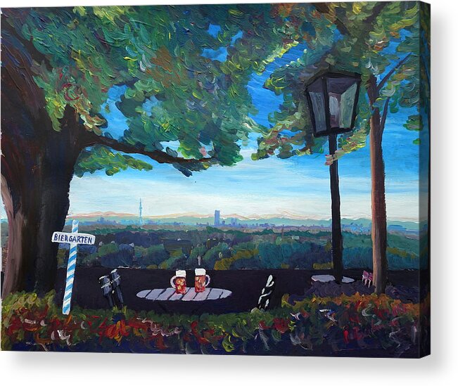 Beer Garden Acrylic Print featuring the painting Munich Skyline View Beergarden with Alps Active by M Bleichner