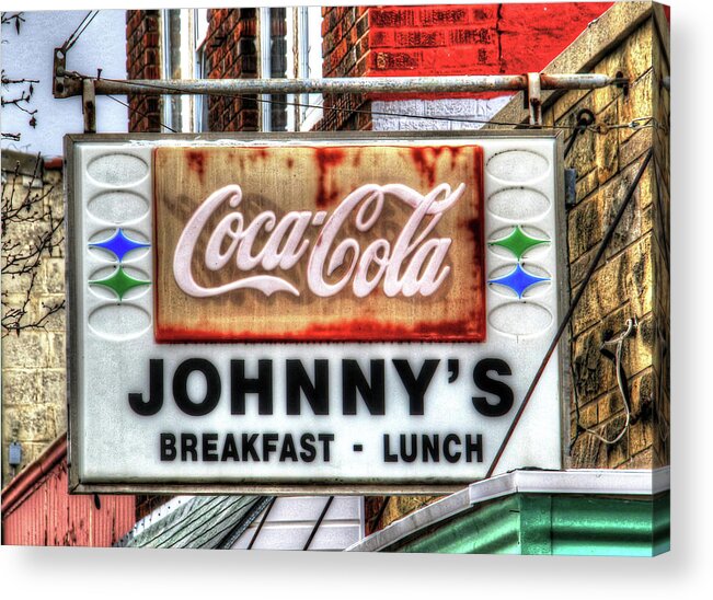 Nebraska City Acrylic Print featuring the photograph Nebraska City Johnny's for Breakfast Lunch and Coca-Cola by J Laughlin