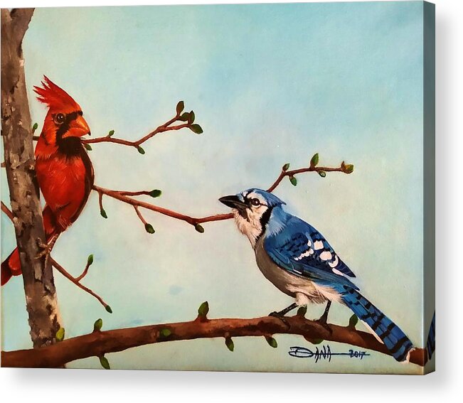 Birds Acrylic Print featuring the painting New buds of spring by Dana Newman