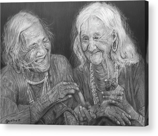 Women Acrylic Print featuring the drawing Old Friends, Smokin' and Jokin' 2 by Quwatha Valentine