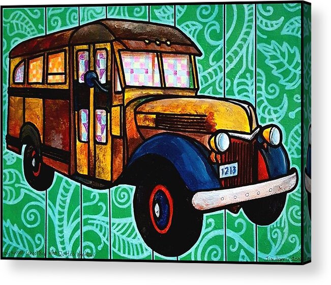 Bus Acrylic Print featuring the painting Old Rusted School Bus with Quilted Windows by Jim Harris