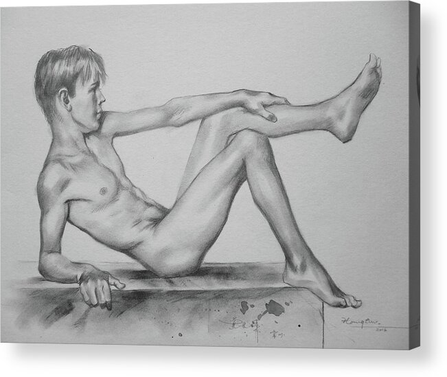 Drawing Acrylic Print featuring the drawing Original Pencil Drawing Male Nude Boy On Paper #16-9-29 by Hongtao Huang