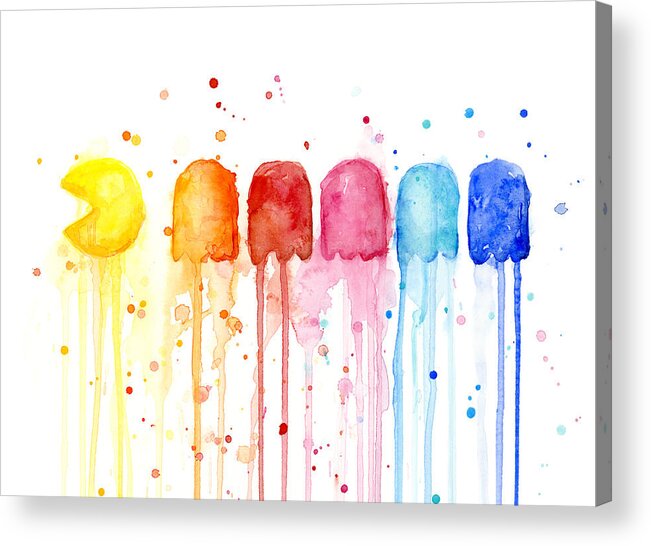 Game Acrylic Print featuring the painting Pacman Watercolor Rainbow by Olga Shvartsur