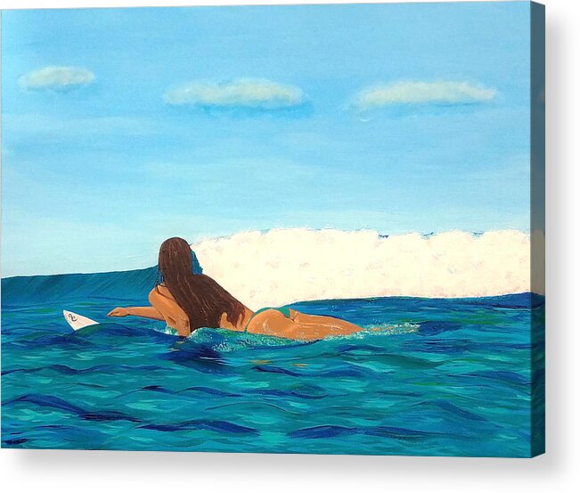 Surf Acrylic Print featuring the painting Paddle Out Surfer Girl by Jenn C Lindquist