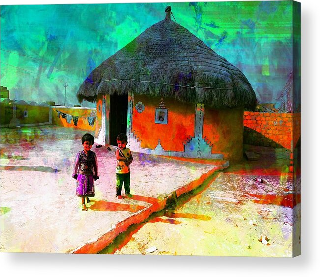 Cowdung Acrylic Print featuring the photograph Painted Houses Cowdung Mud Round Huts Kids India Rajasthan 1c by Sue Jacobi