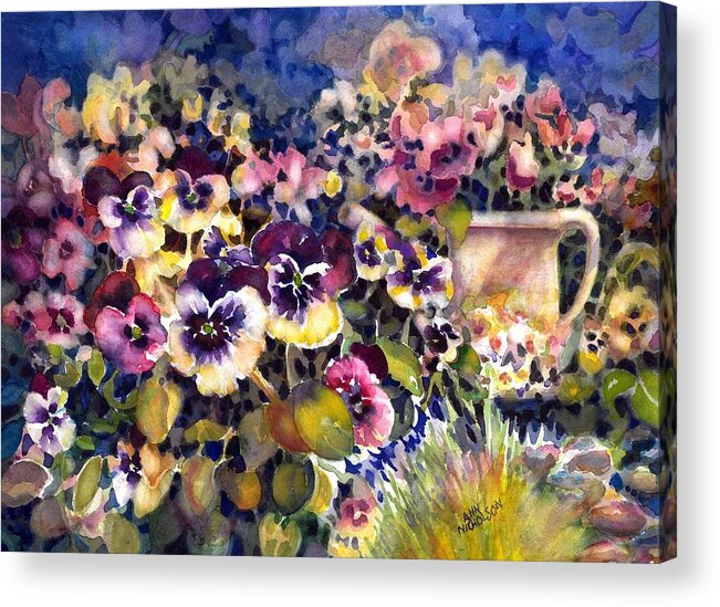 Watercolor Acrylic Print featuring the painting Pansy Garden by Ann Nicholson