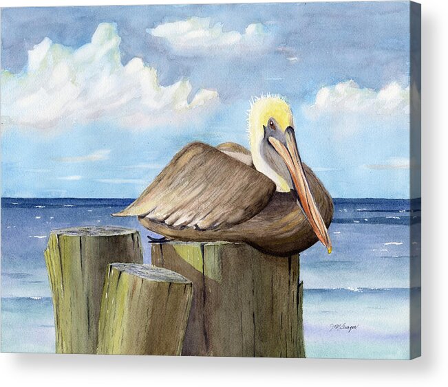 Pelican Acrylic Print featuring the painting Pelican Perch by Joseph Burger