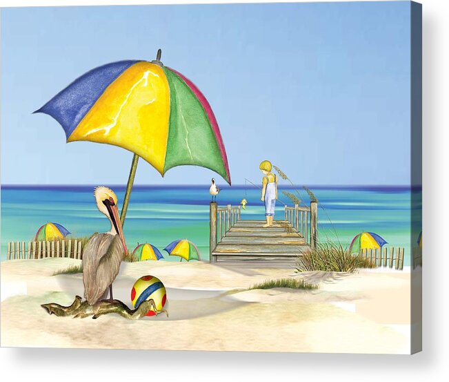 Pelican Acrylic Print featuring the painting Pelican under Umbrella by Anne Beverley-Stamps