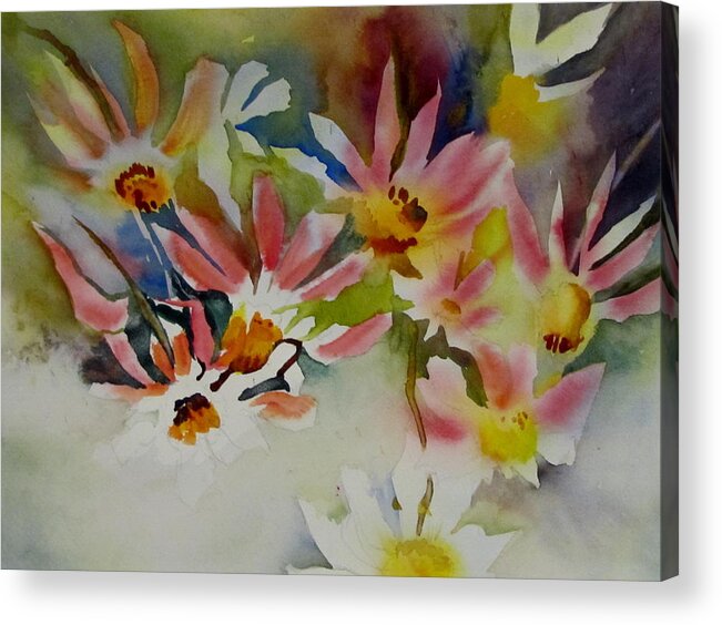 Watercolor Acrylic Print featuring the painting Pink Daisies by Carole Johnson