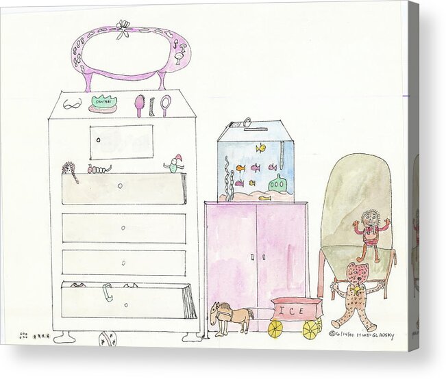 Pink Acrylic Print featuring the painting Pink Dolly Bedroom by Helen Holden-Gladsky