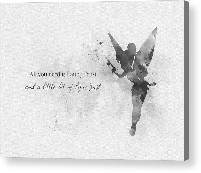 Tinker Bell Acrylic Print featuring the mixed media Pixie Dust Black and White by My Inspiration