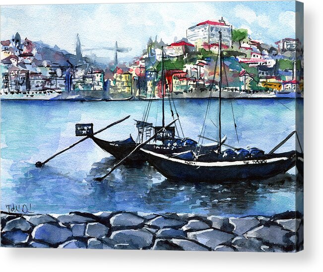 Porto Painting Acrylic Print featuring the painting Porto Rabelo Boats by Dora Hathazi Mendes