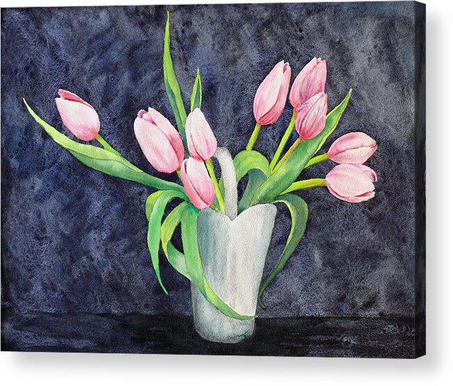 Watercolor Acrylic Print featuring the painting Pretty Pink Tulips by Dee Carpenter
