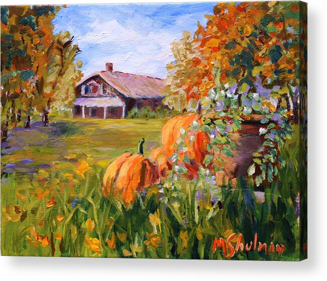 Pumpkins Acrylic Print featuring the painting Pumpkins in the fall. by Madeleine Shulman