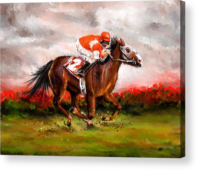 Horse Racing Acrylic Print featuring the painting Quest For The Win - Horse Racing Art by Lourry Legarde