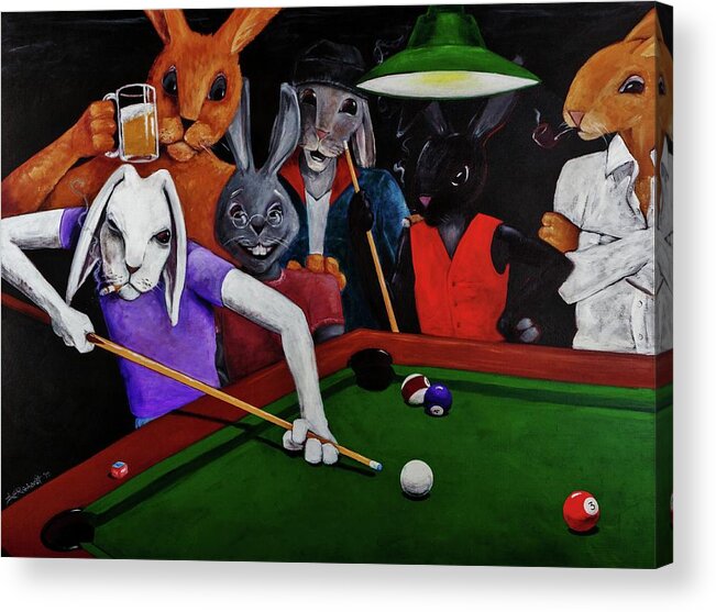 Rabbits Playing Pool Acrylic Print featuring the painting Rabbit Games by Jason Reinhardt