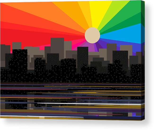 Rainbow Sunrise Acrylic Print featuring the digital art Rainbow Sunrise - City Skyline by Val Arie
