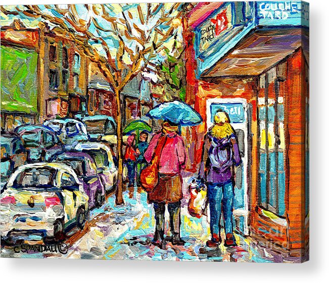 Montreal Acrylic Print featuring the painting Rainy Day Stroll Couche Tard Wellington Verdun Streetscene Painting C Spandau Artist Montreal Art  by Carole Spandau