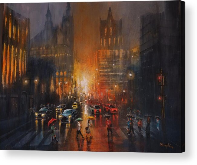 City Rainy Acrylic Print featuring the painting Rainy Night by Tom Shropshire