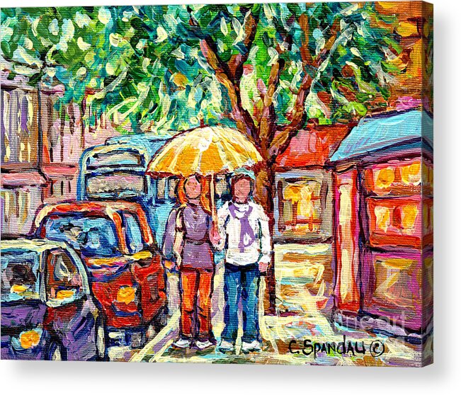 Montreal Acrylic Print featuring the painting Rainy Verdun Streets Painting Yellow Umbrella Walking By Shops Canadian Artist Carole Spandau Quebec by Carole Spandau