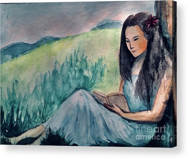 Reading Under A Tree Acrylic Print featuring the painting I Love Books by Lavender Liu