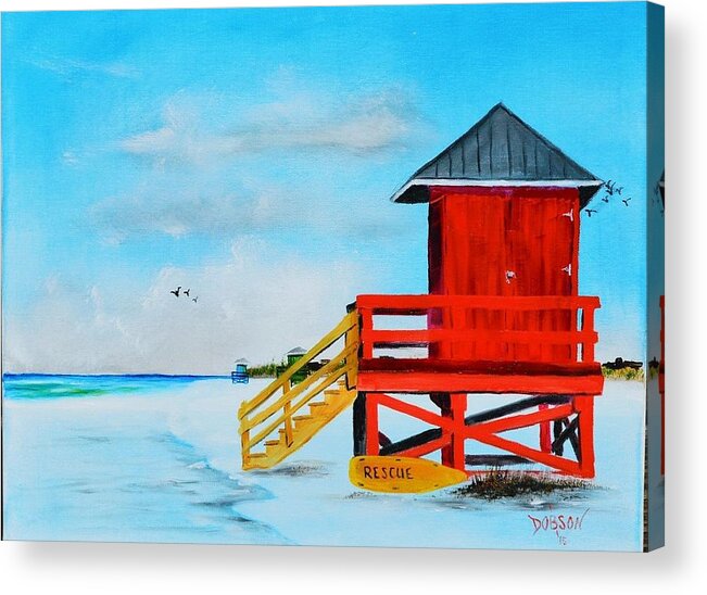 Siesta Key Acrylic Print featuring the painting Red Life Guard Shack On The Key by Lloyd Dobson