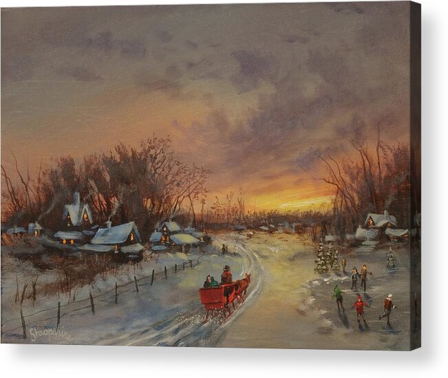 Snow Scene Acrylic Print featuring the painting Red Sleigh by Tom Shropshire
