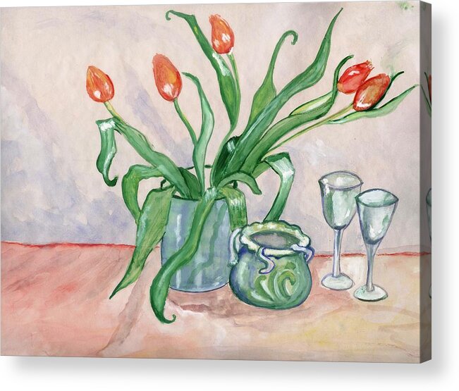 Red Acrylic Print featuring the painting Red tulips still life by Manjiri Kanvinde