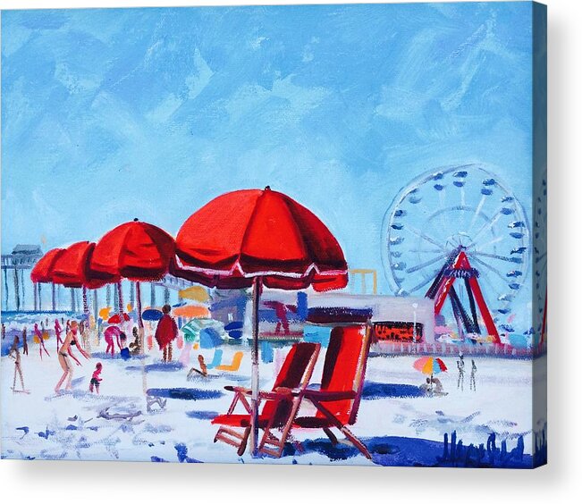 Ocean City Acrylic Print featuring the painting Red Umbrellas by Maggii Sarfaty