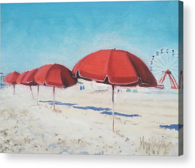 Beach Acrylic Print featuring the painting Red Umbrellas Very Early by Maggii Sarfaty