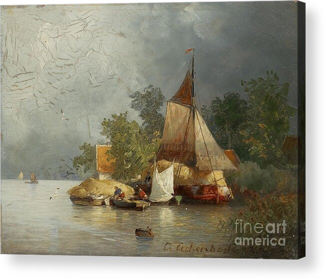 Andreas Achenbach Acrylic Print featuring the painting River Landscape With Barges by MotionAge Designs