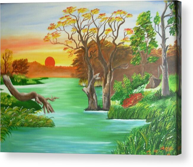 Riverside Scenery Acrylic Print featuring the painting Riverside Scenery by Riya Rathore