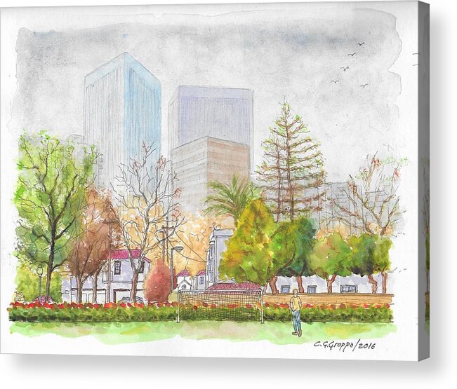 Roxbury Park Acrylic Print featuring the painting Roxbury Park in Beverly Hills with Century City in the background, CA by Carlos G Groppa