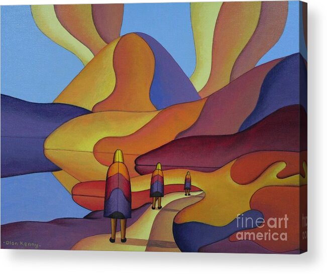 Landscape Acrylic Print featuring the painting Sacred Mountain And 3 Figures In Ritual Clothing by Alan Kenny