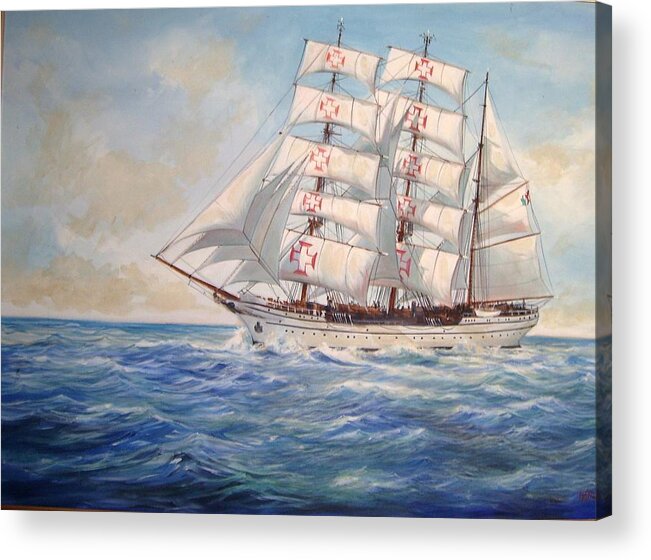 Tall Ship Acrylic Print featuring the painting Sagres by Perry's Fine Art